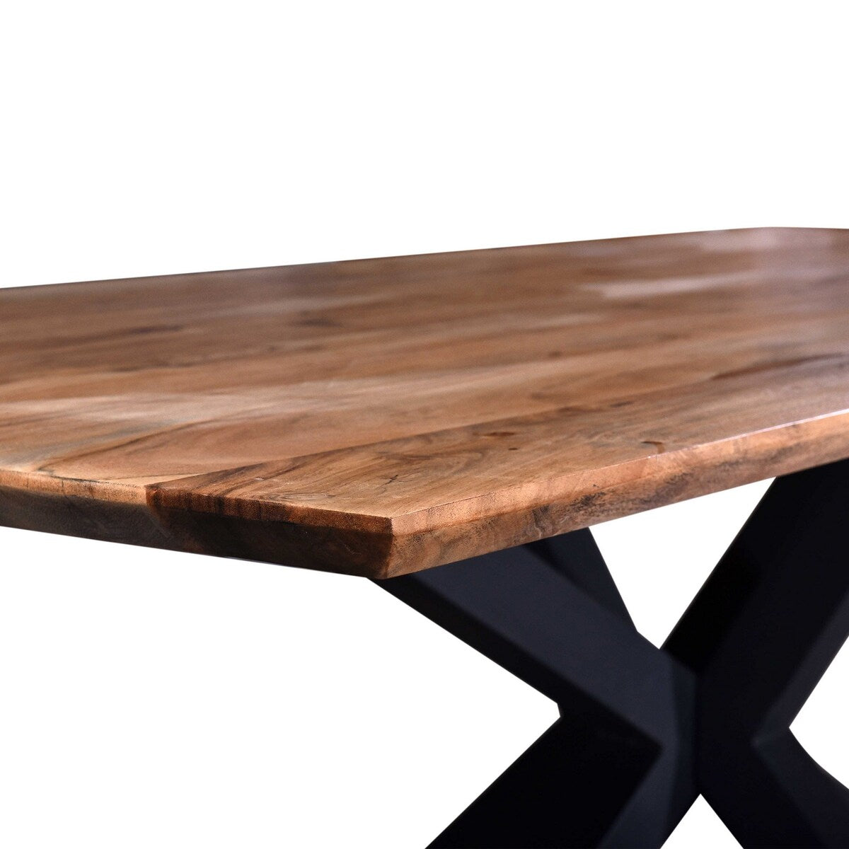 Lee Dining Table, 87 Inch Natural Acacia Wood Top, Black Iron Star Base