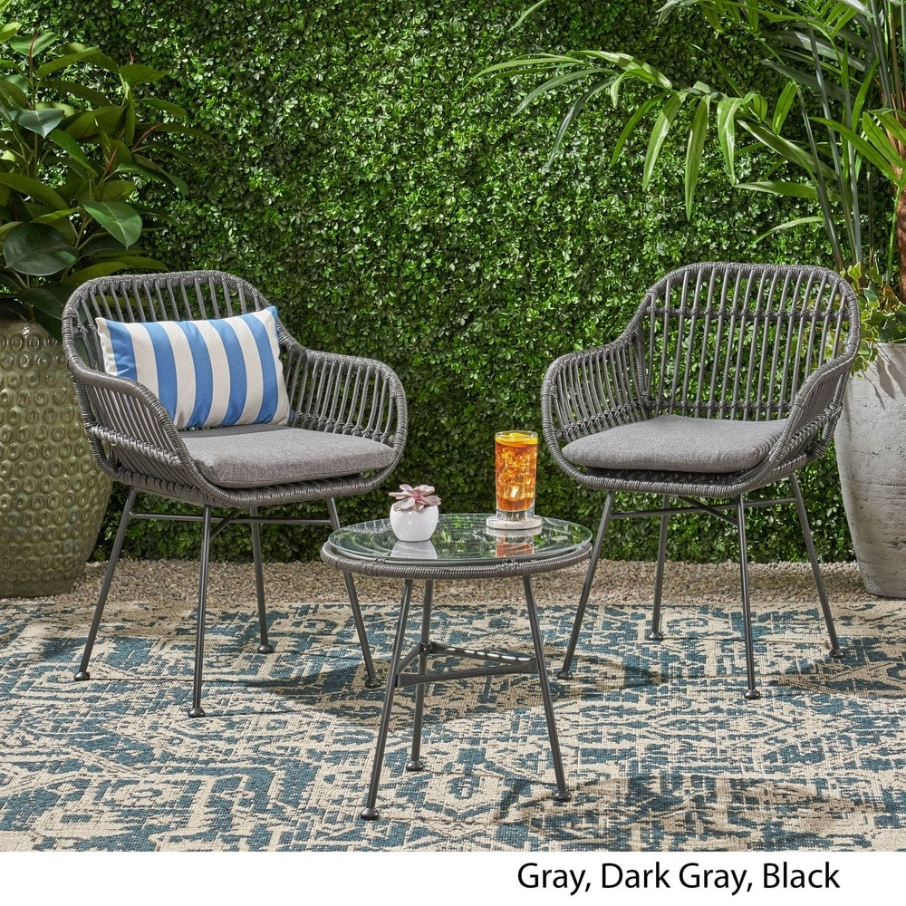 Lehrman Outdoor 2 Seater Faux Wicker Chat Set with Tempered Glass Table by Christopher Knight Home