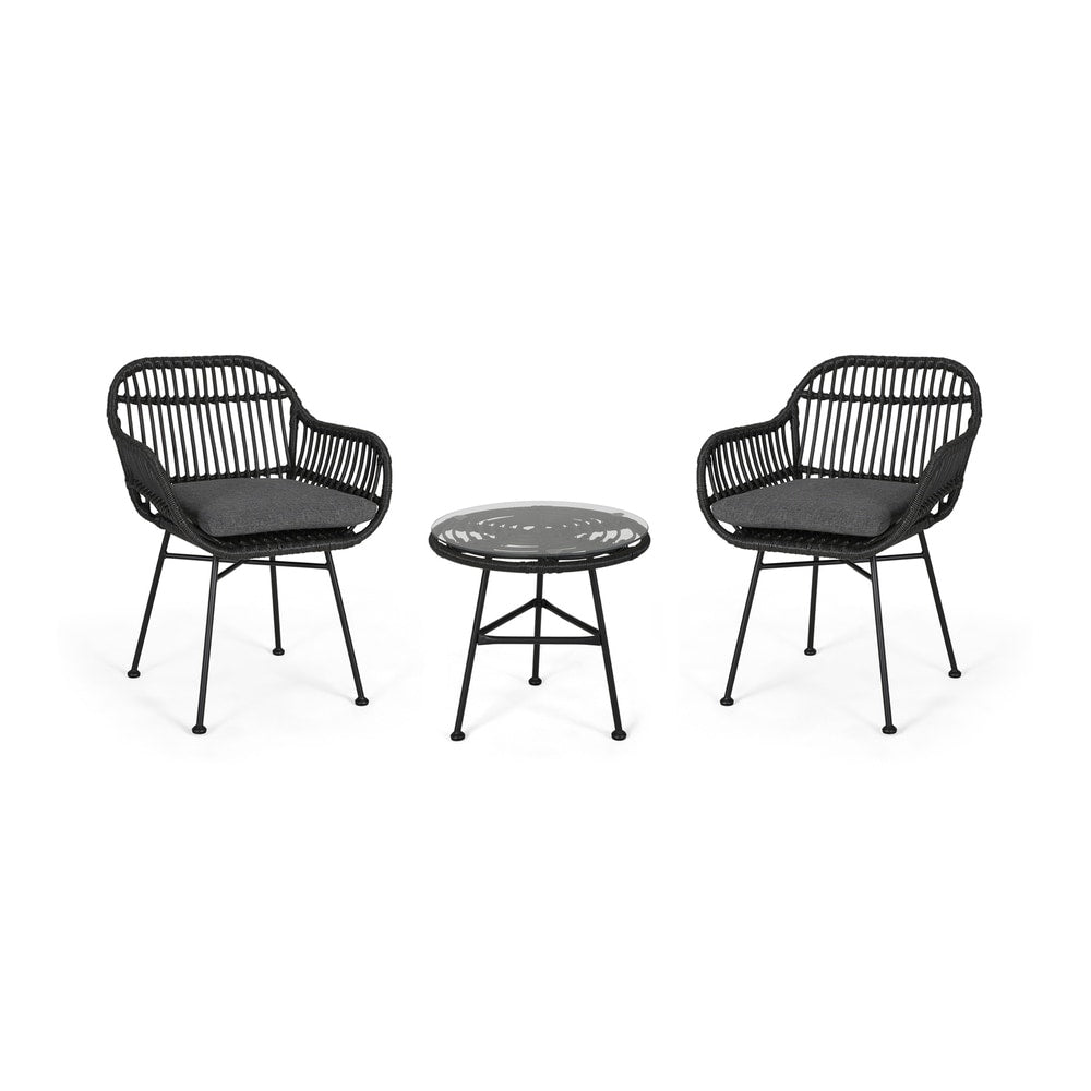 Lehrman Outdoor 2 Seater Faux Wicker Chat Set with Tempered Glass Table by Christopher Knight Home