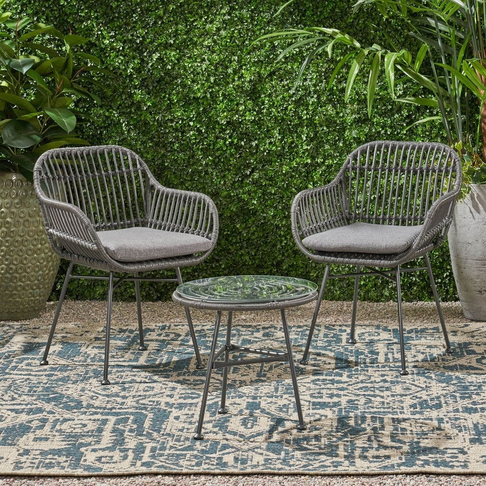 Lehrman Outdoor 2 Seater Faux Wicker Chat Set with Tempered Glass Table by Christopher Knight Home