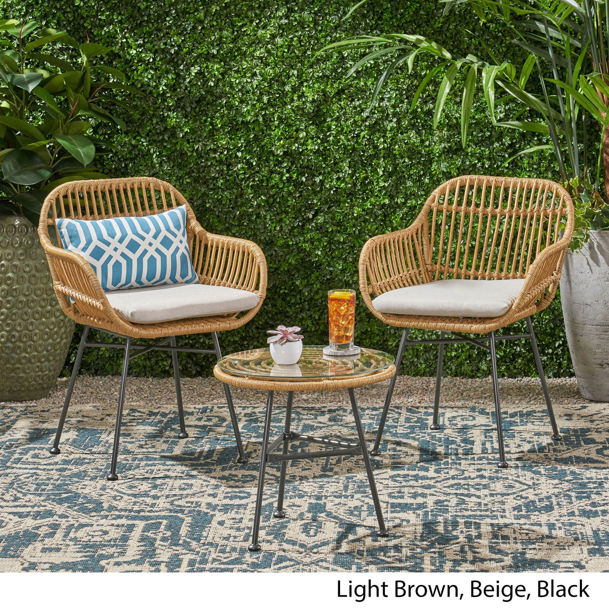 Lehrman Outdoor 2 Seater Faux Wicker Chat Set with Tempered Glass Table by Christopher Knight Home