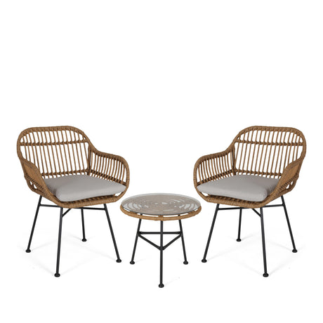Lehrman Outdoor 2 Seater Faux Wicker Chat Set with Tempered Glass Table by Christopher Knight Home