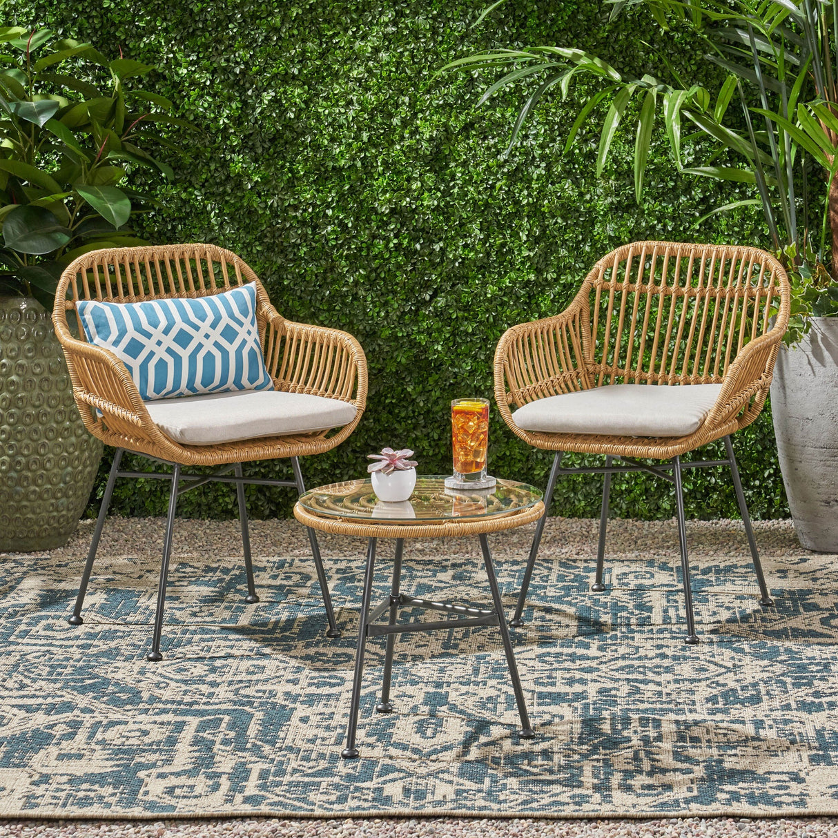 Lehrman Outdoor 2 Seater Faux Wicker Chat Set with Tempered Glass Table by Christopher Knight Home
