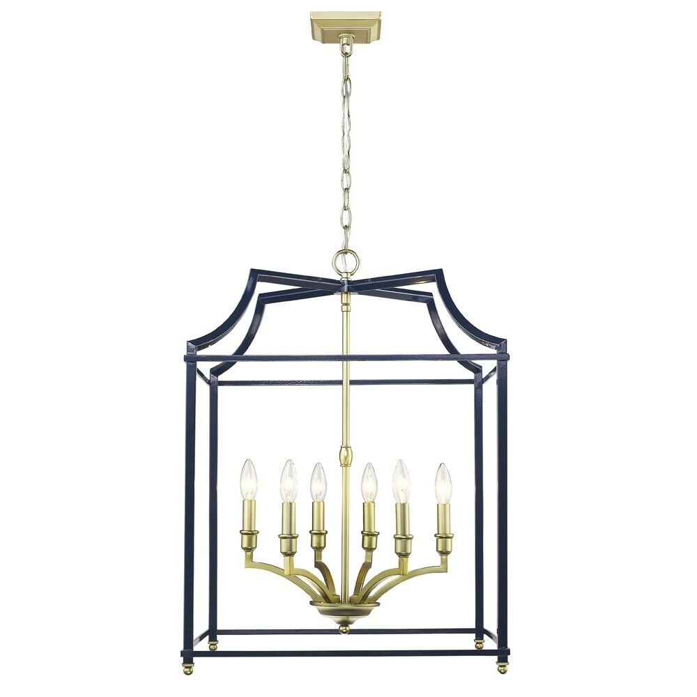 Leighton SB 6 Light Pendant in Satin Brass with Navy