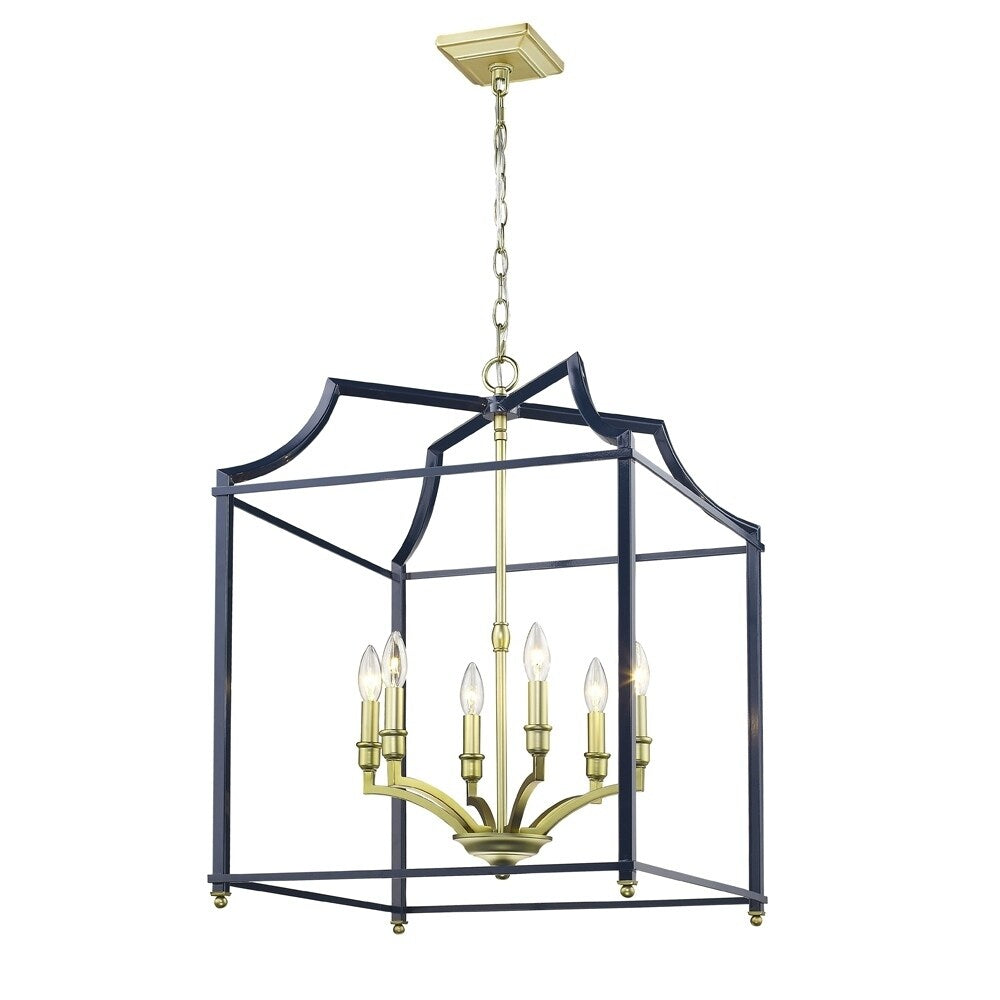 Leighton SB 6 Light Pendant in Satin Brass with Navy