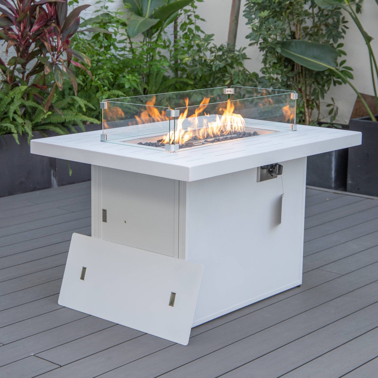 LeisureMod Chelsea 44" Modern 55000 BTU Propane Patio Fire Pit Table with Wind Guard for Porch Backyard Garden Decor