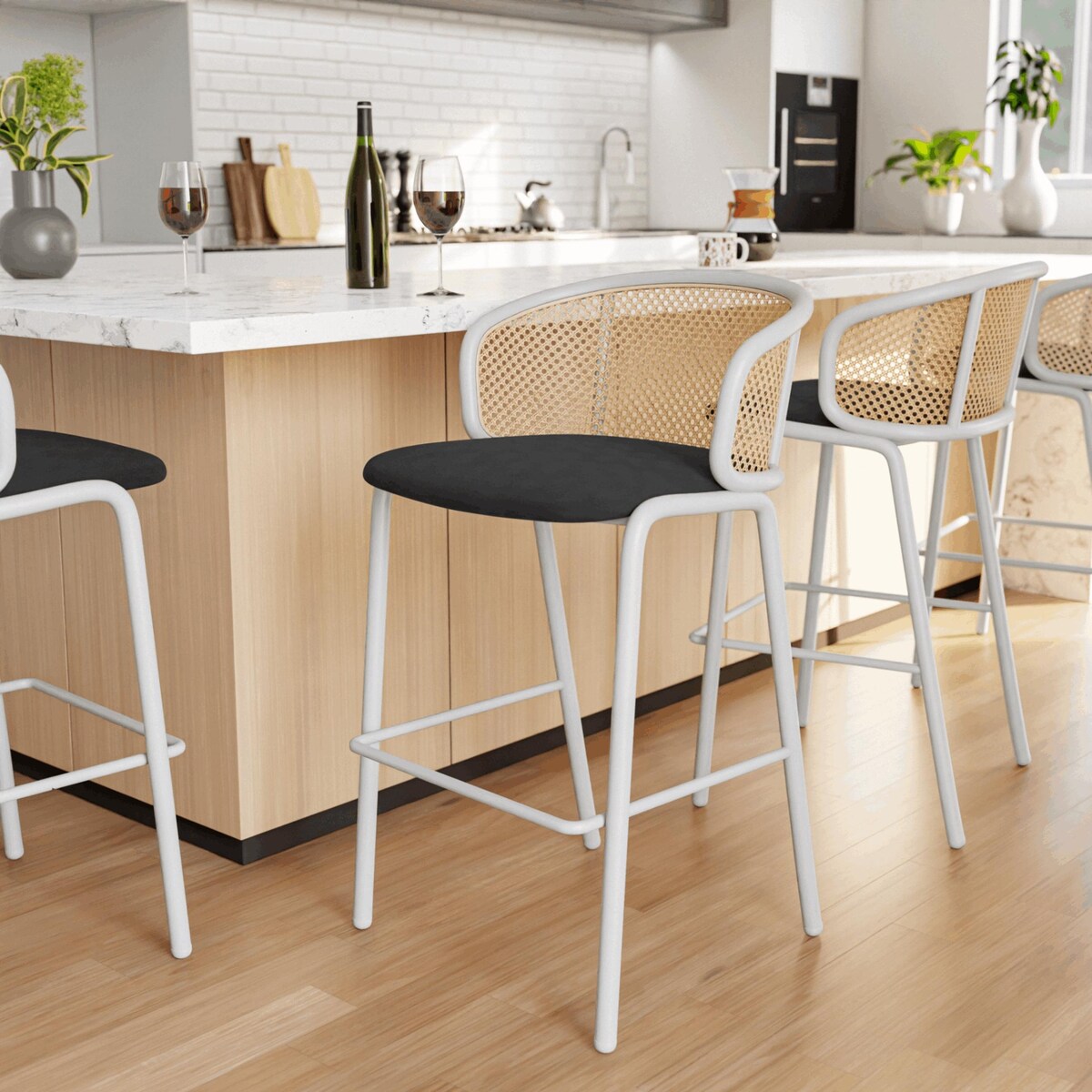 LeisureMod Ervilla Bar Stool with White Powder Coated Steel Frame - 37"