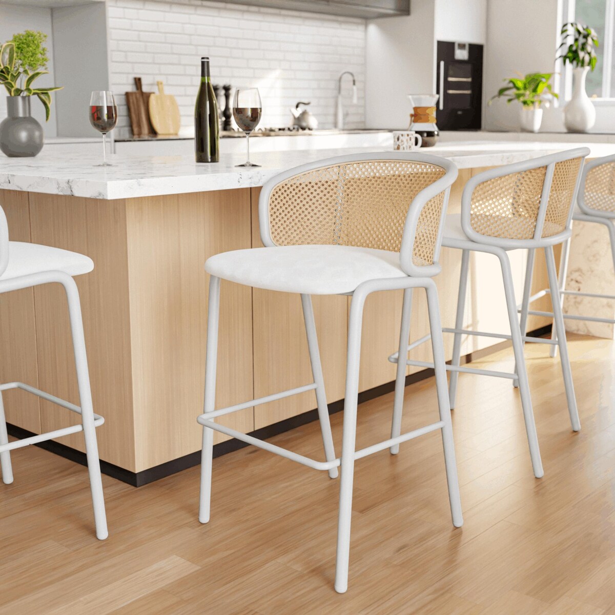 LeisureMod Ervilla Bar Stool with White Powder Coated Steel Frame - 37"