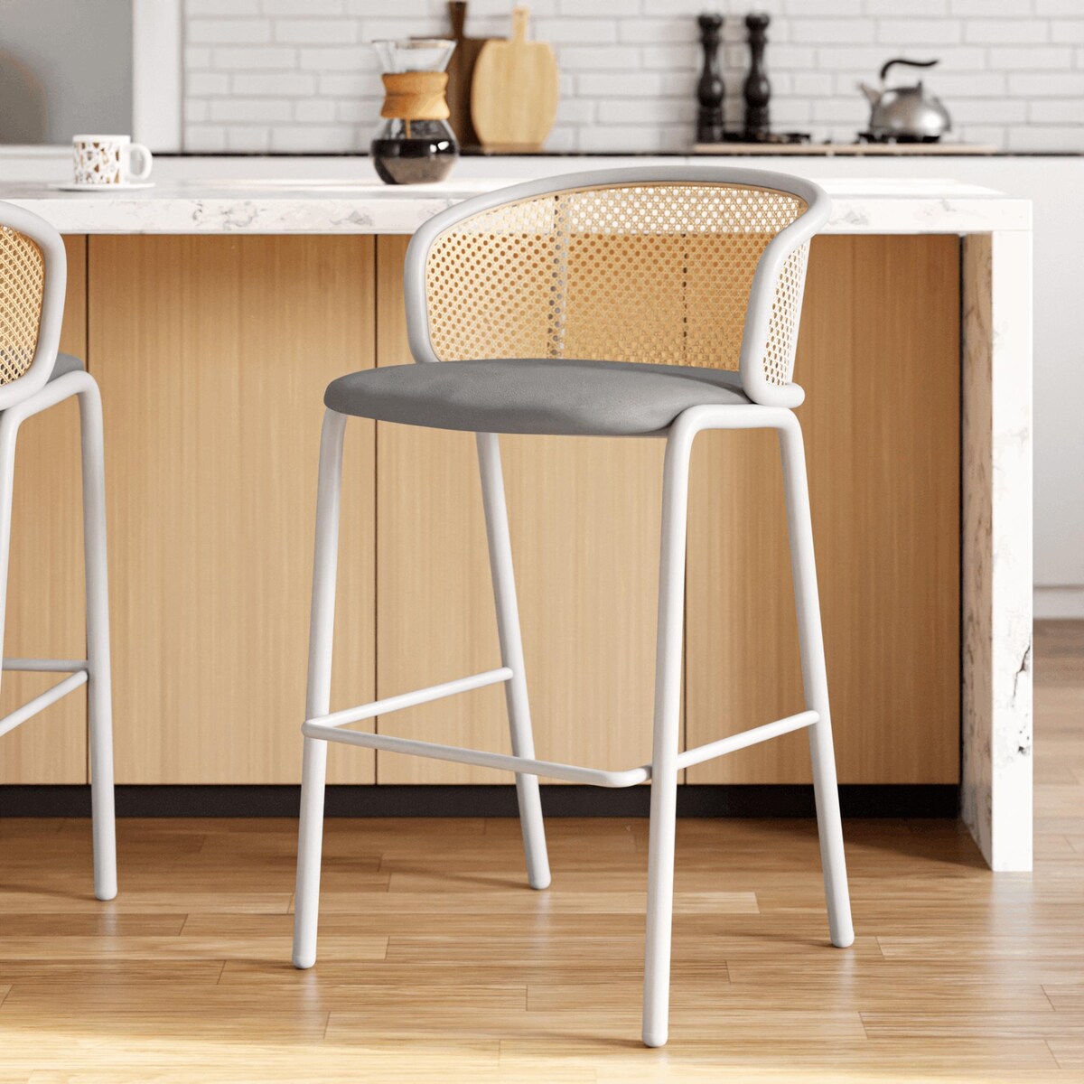 LeisureMod Ervilla Bar Stool with White Powder Coated Steel Frame - 37"