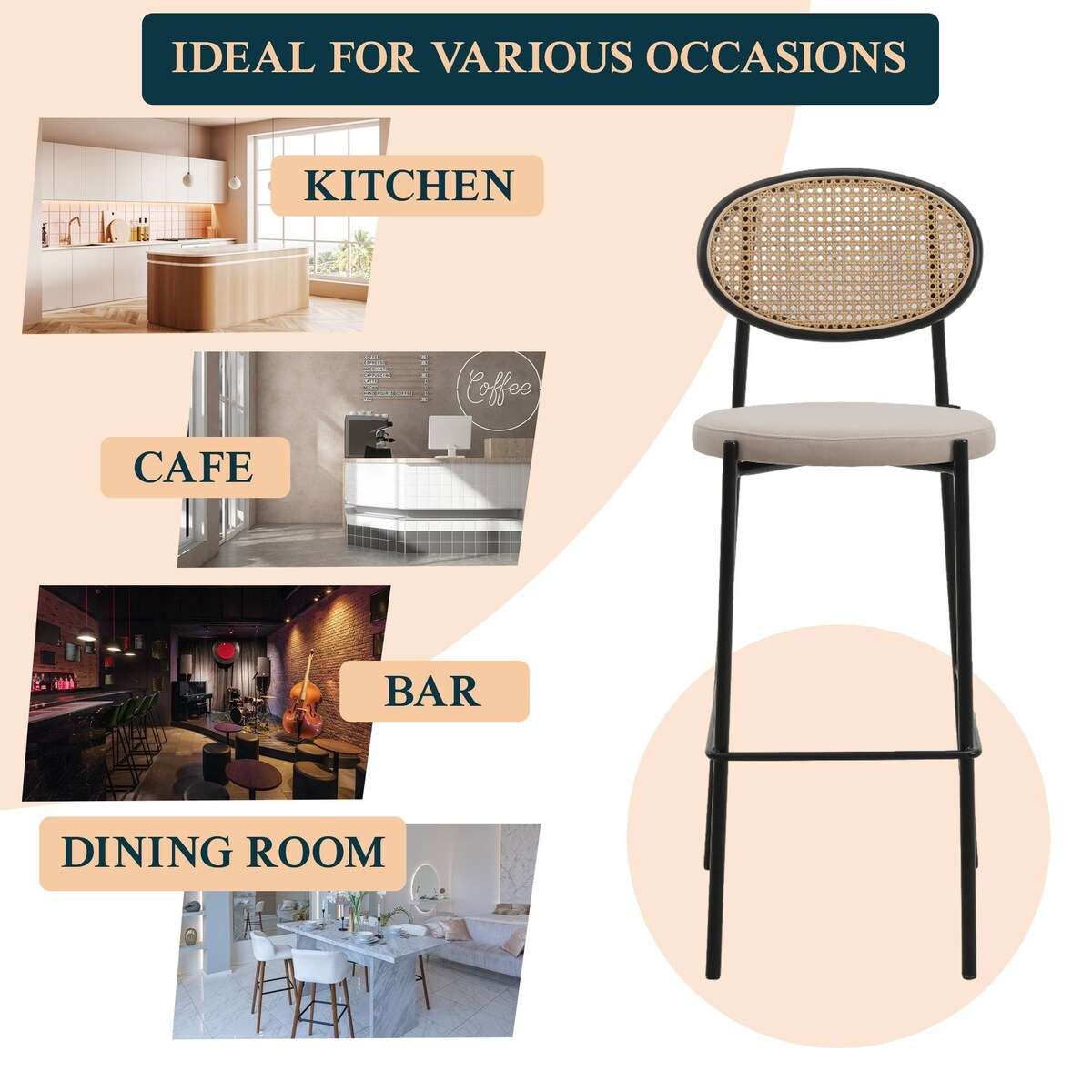 LeisureMod Euston Wicker Bar Stool with Powder Coated Steel Frame, Set of 2 - 42"