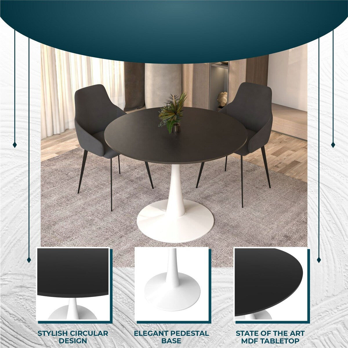 LeisureMod Bristol 40" Round Dining Table for 4 with MDF Wood Tabletop in White Steel Base for Kitchen & Dining Room
