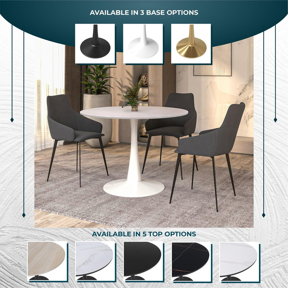 LeisureMod Bristol 40" Round Dining Table for 4 with MDF Wood Tabletop in White Steel Base for Kitchen & Dining Room