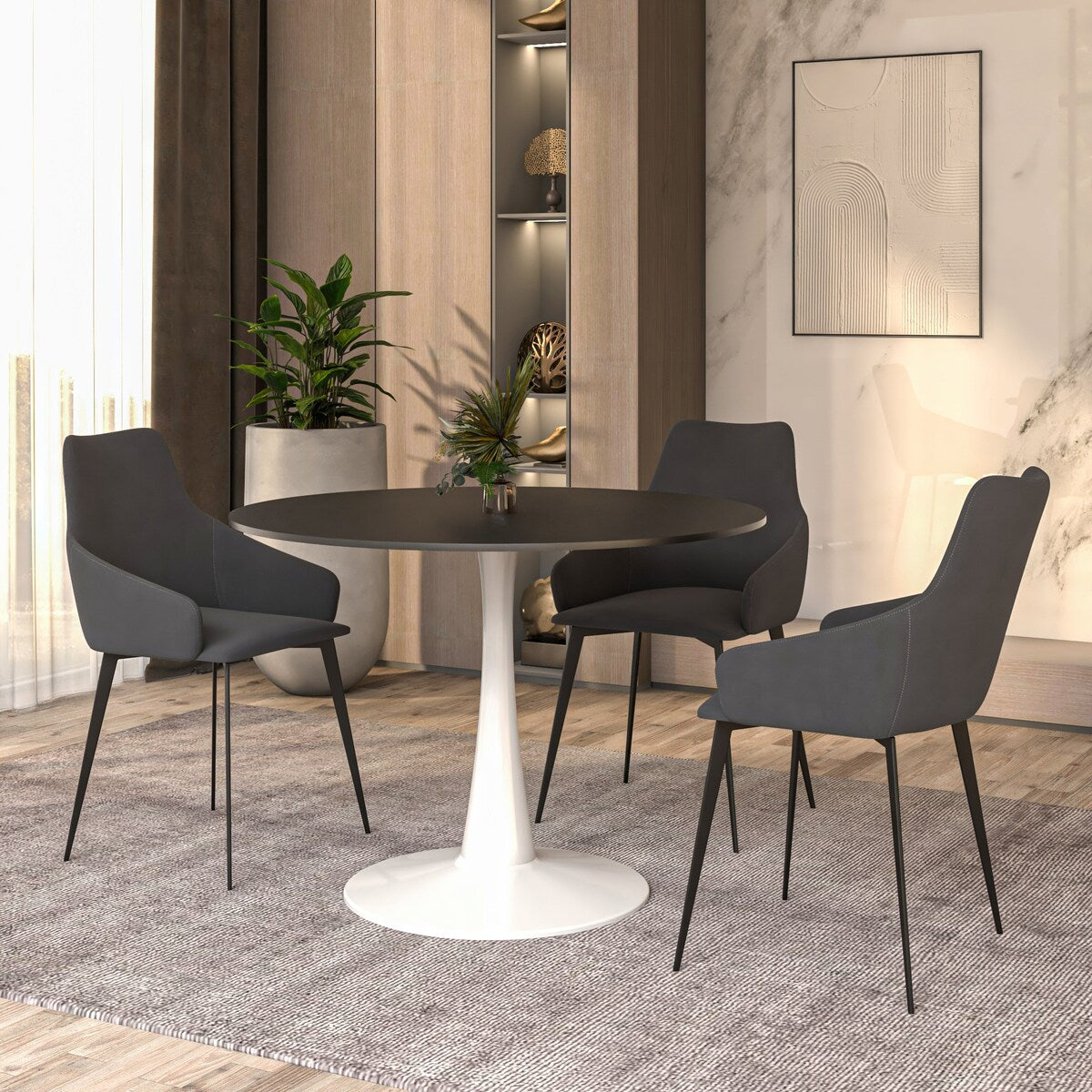 LeisureMod Bristol 40" Round Dining Table for 4 with MDF Wood Tabletop in White Steel Base for Kitchen & Dining Room
