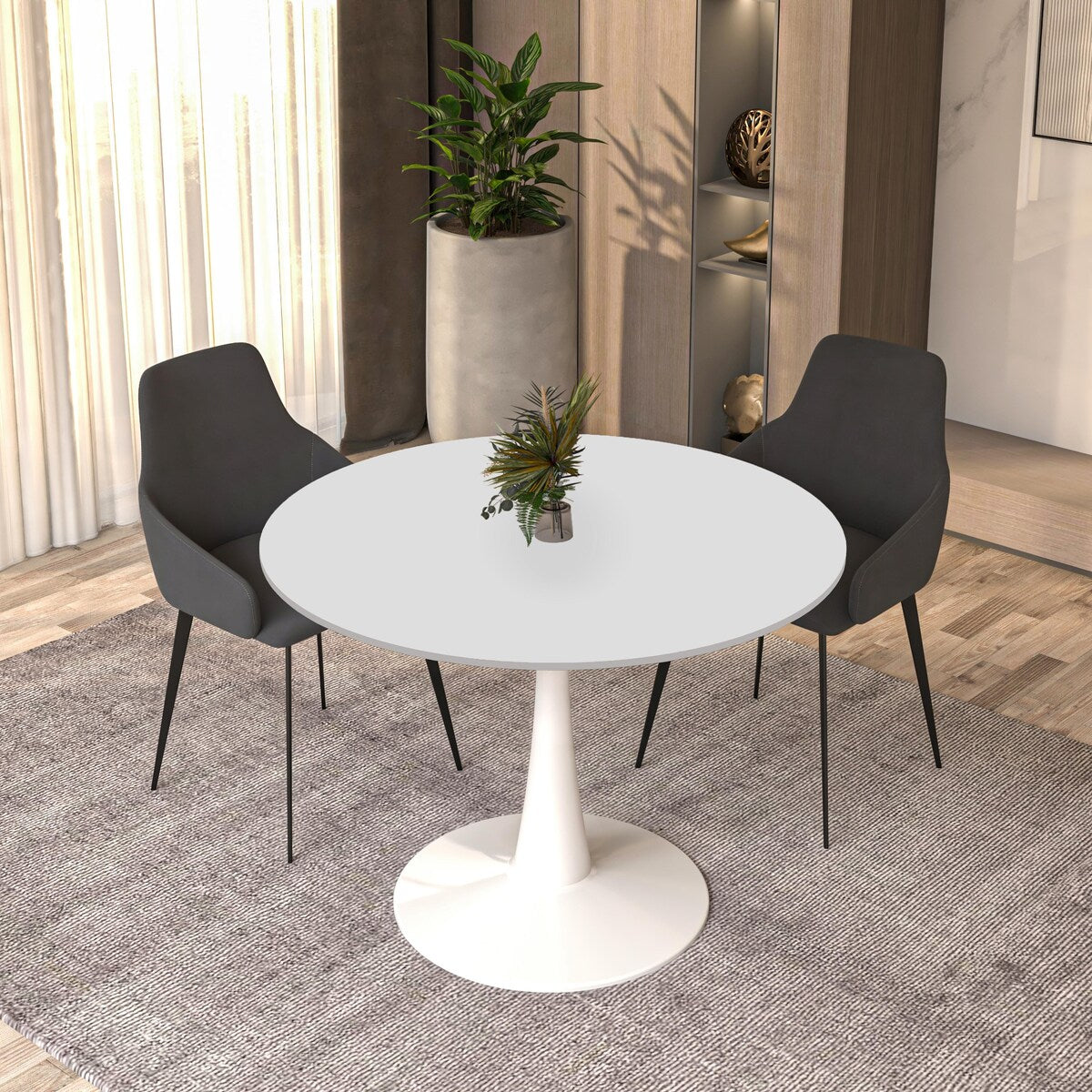 LeisureMod Bristol 40" Round Dining Table for 4 with MDF Wood Tabletop in White Steel Base for Kitchen & Dining Room