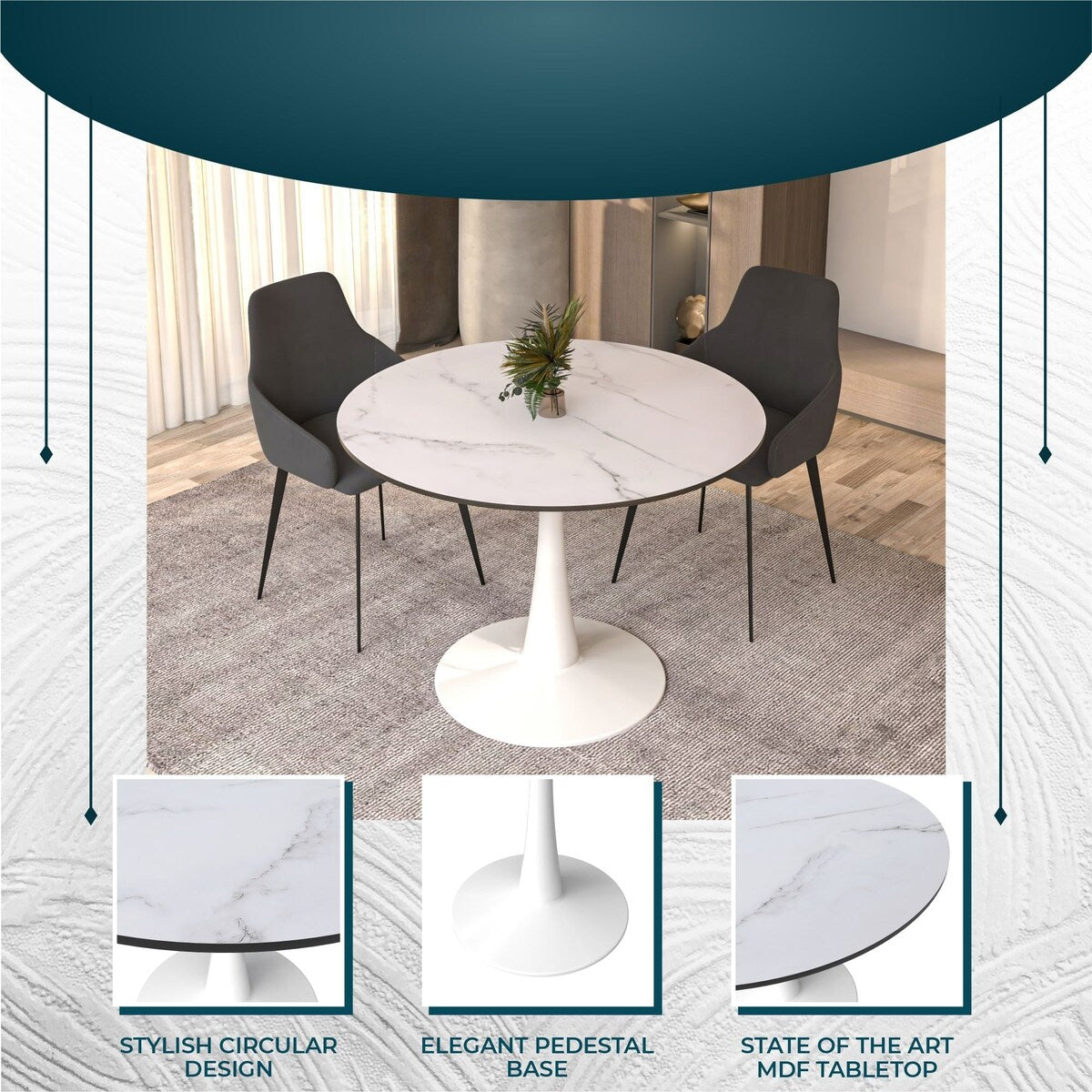 LeisureMod Bristol 40" Round Dining Table for 4 with MDF Wood Tabletop in White Steel Base for Kitchen & Dining Room