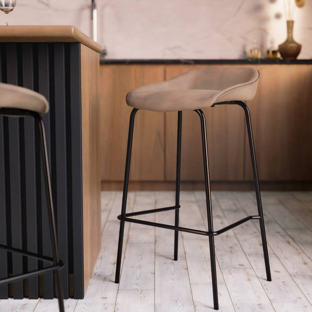 Leather Barstool with Powder-Coated Iron Frame Set of 2 Servos Series