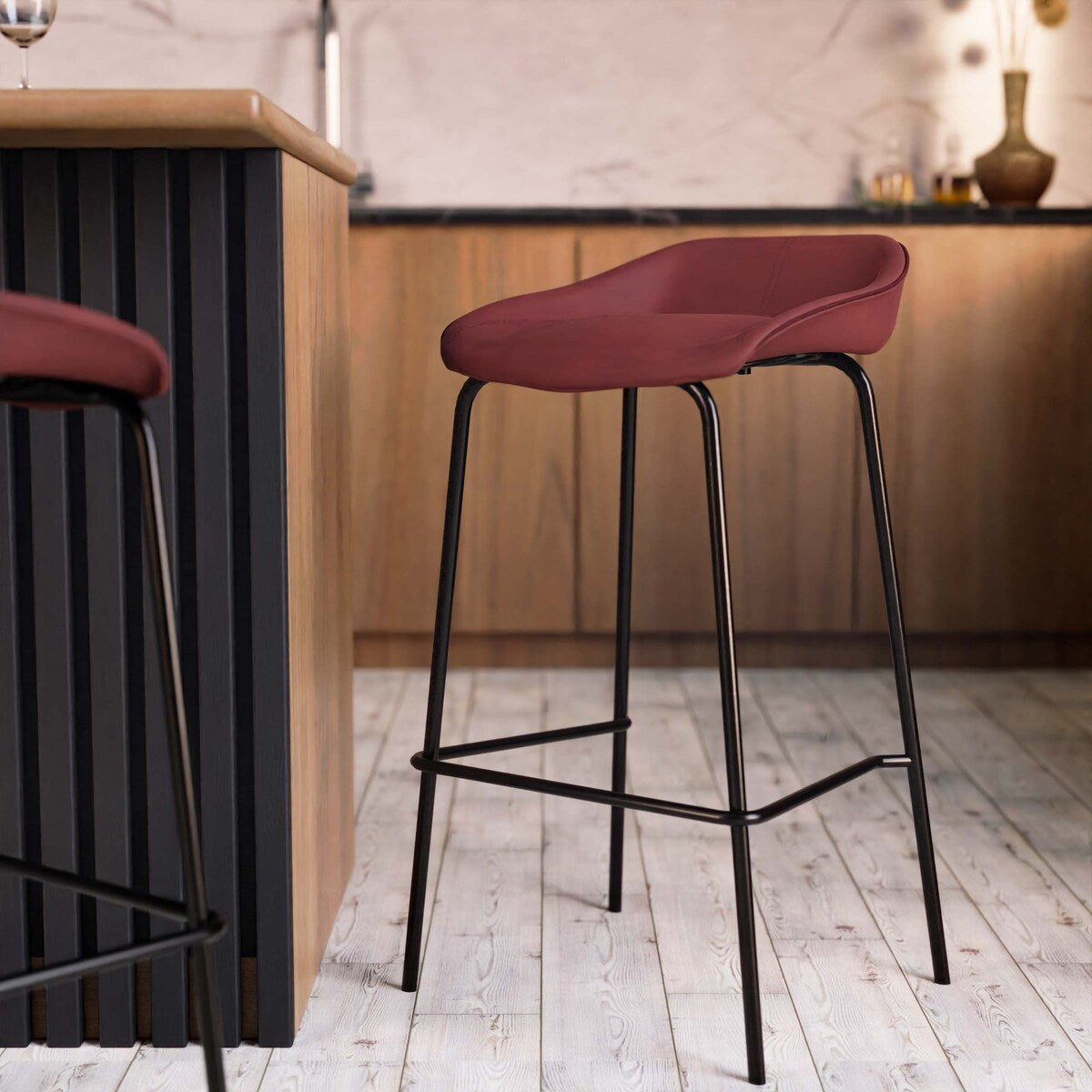 Leather Barstool with Powder-Coated Iron Frame Set of 2 Servos Series