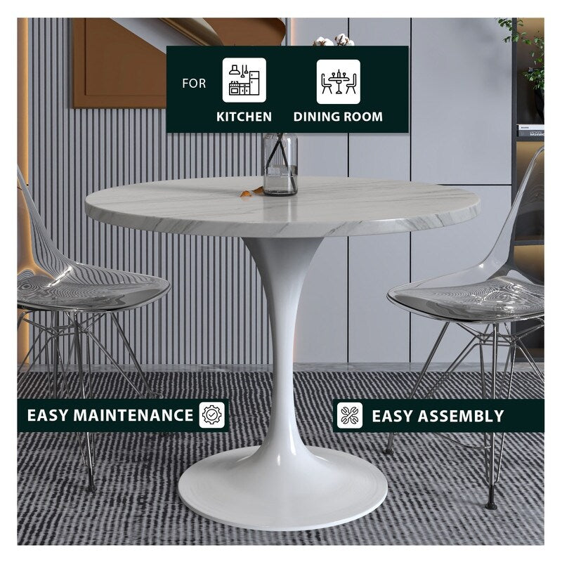 Verve Dining Table with a 36" Round Tabletop in White Steel Pedestal