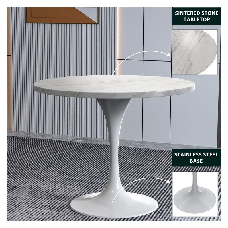 Verve Dining Table with a 36" Round Tabletop in White Steel Pedestal