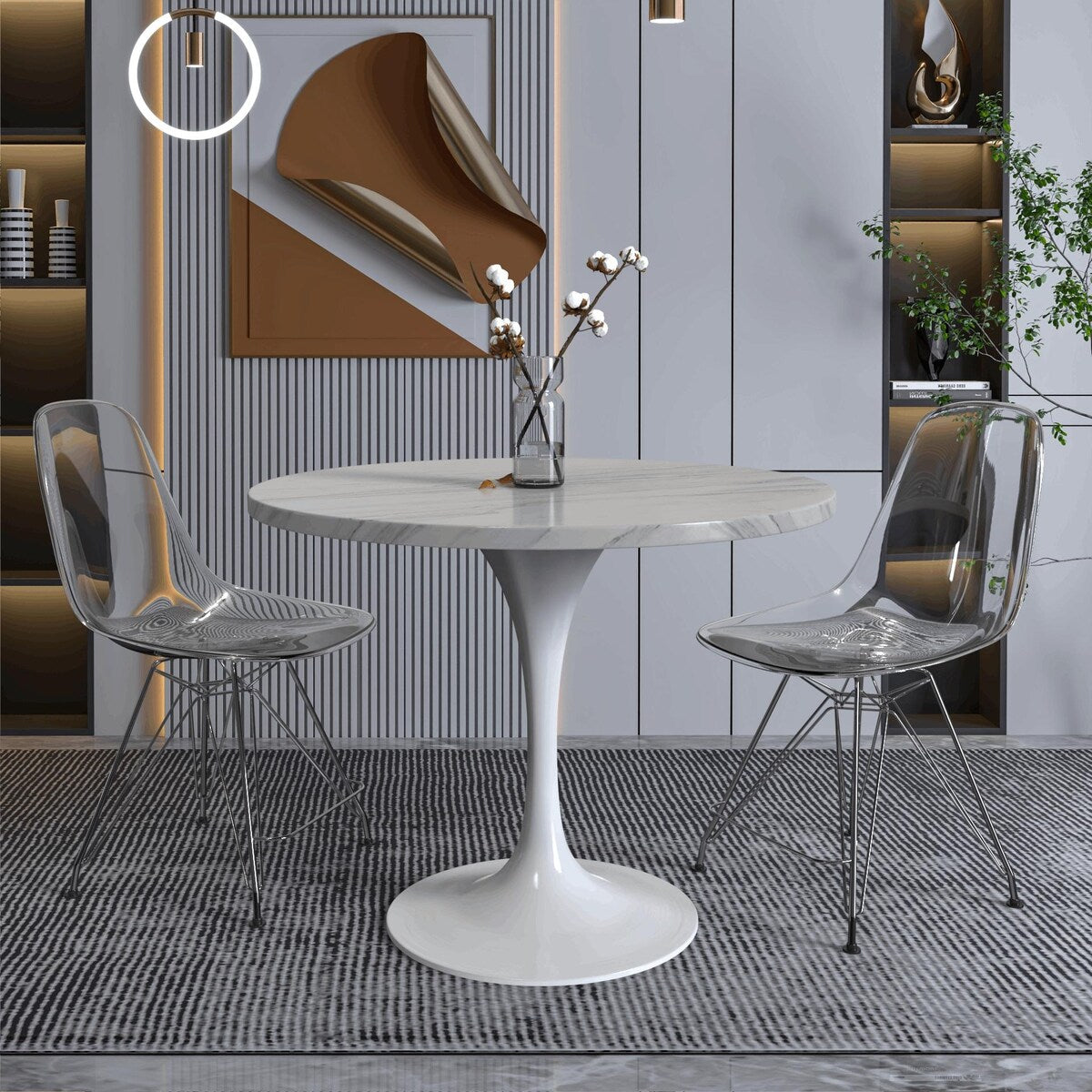 Verve Dining Table with a 36" Round Tabletop in White Steel Pedestal