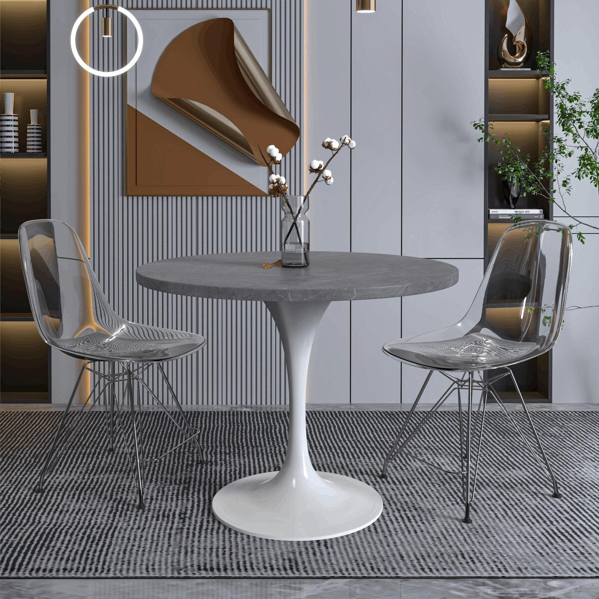 Verve Dining Table with a 36" Round Tabletop in White Steel Pedestal