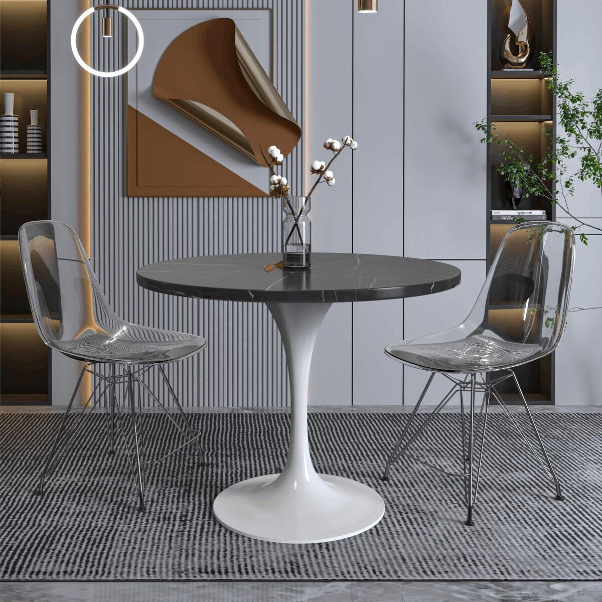 Verve Dining Table with a 36" Round Tabletop in White Steel Pedestal