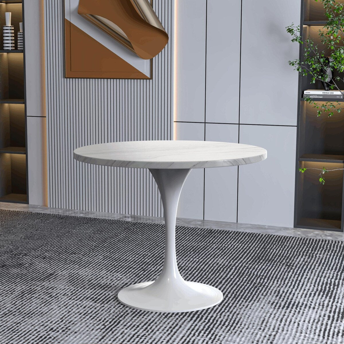 Verve Dining Table with a 36" Round Tabletop in White Steel Pedestal