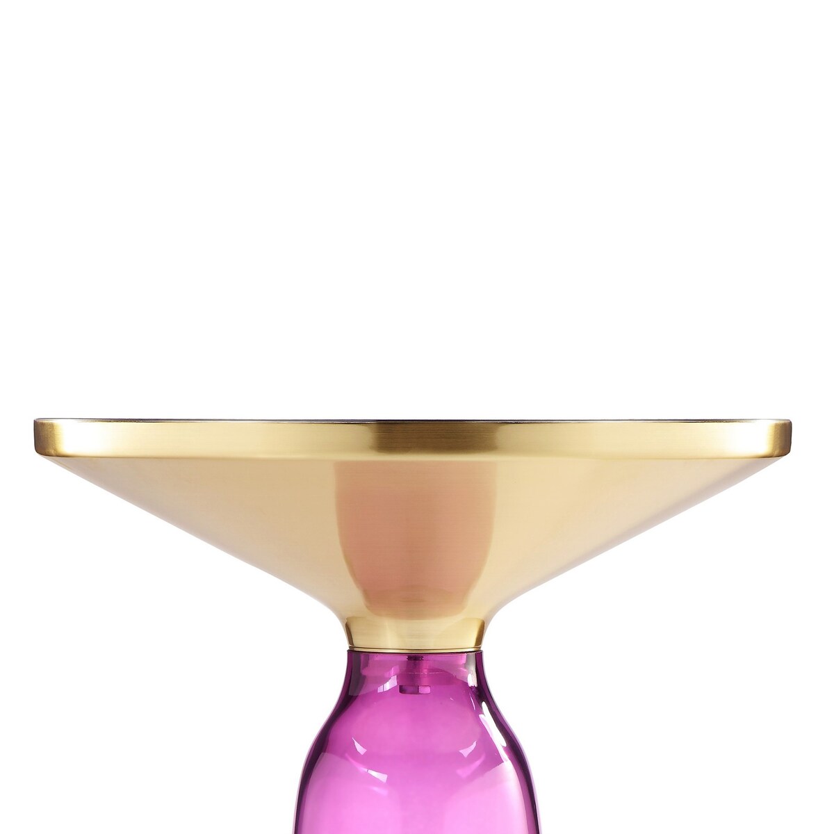 Len 21 Inch Side End Table, Purple Blown Glass Bell Base, Funnel Gold Steel