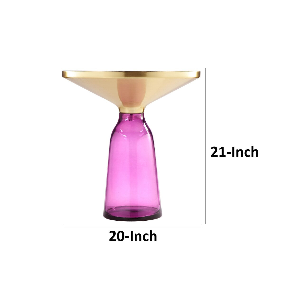 Len 21 Inch Side End Table, Purple Blown Glass Bell Base, Funnel Gold Steel