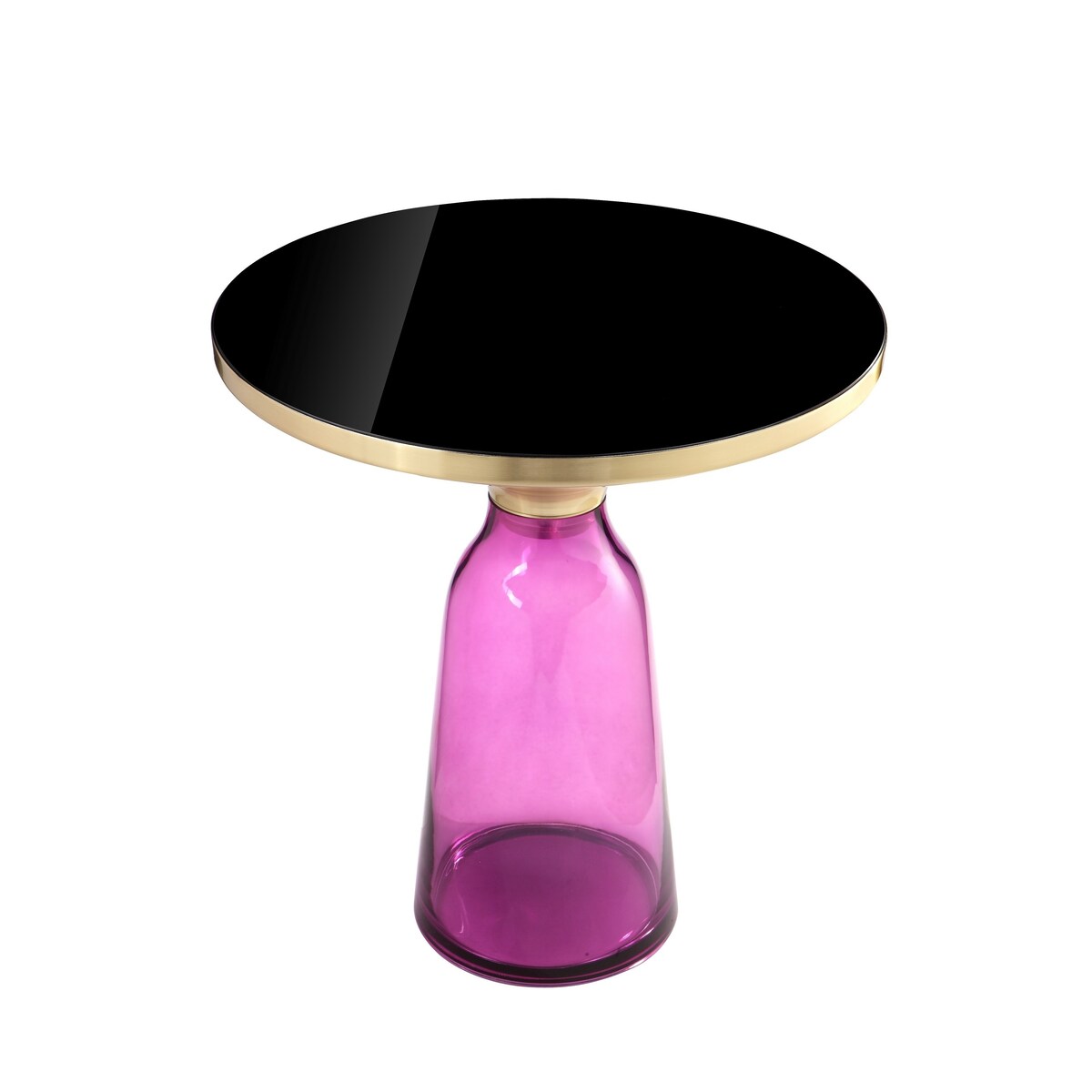 Len 21 Inch Side End Table, Purple Blown Glass Bell Base, Funnel Gold Steel