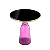 Len 21 Inch Side End Table, Purple Blown Glass Bell Base, Funnel Gold Steel