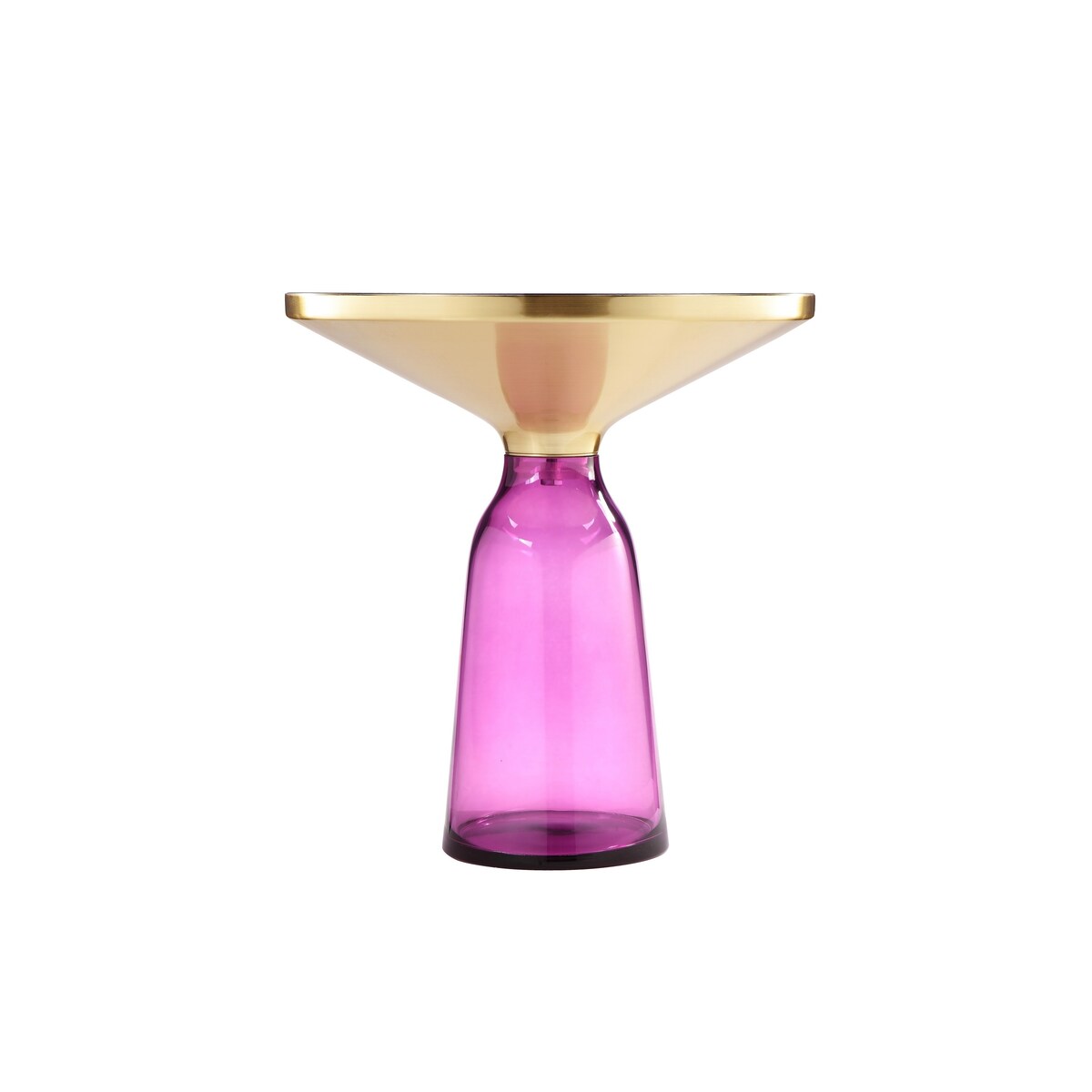 Len 21 Inch Side End Table, Purple Blown Glass Bell Base, Funnel Gold Steel