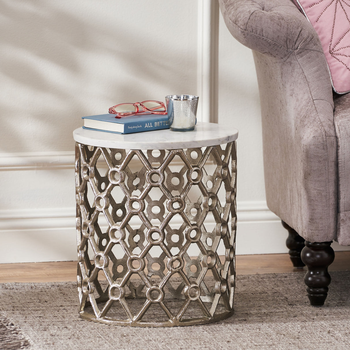 Lenhart Modern Glam Handcrafted Marble Top Aluminum Side Table by Christopher Knight Home - 14.00" L x 14.00" W x 16.00" H