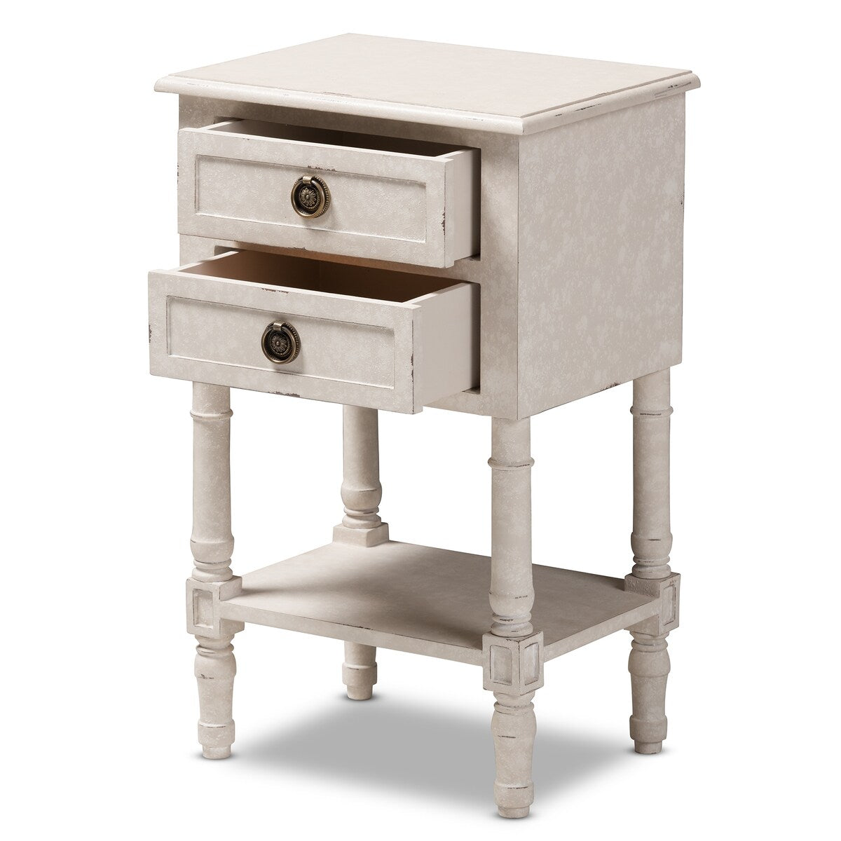 Lenore Country Cottage Farmhouse Whitewashed 2-Drawer Nightstand