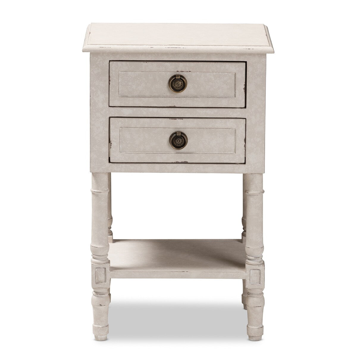 Lenore Country Cottage Farmhouse Whitewashed 2-Drawer Nightstand