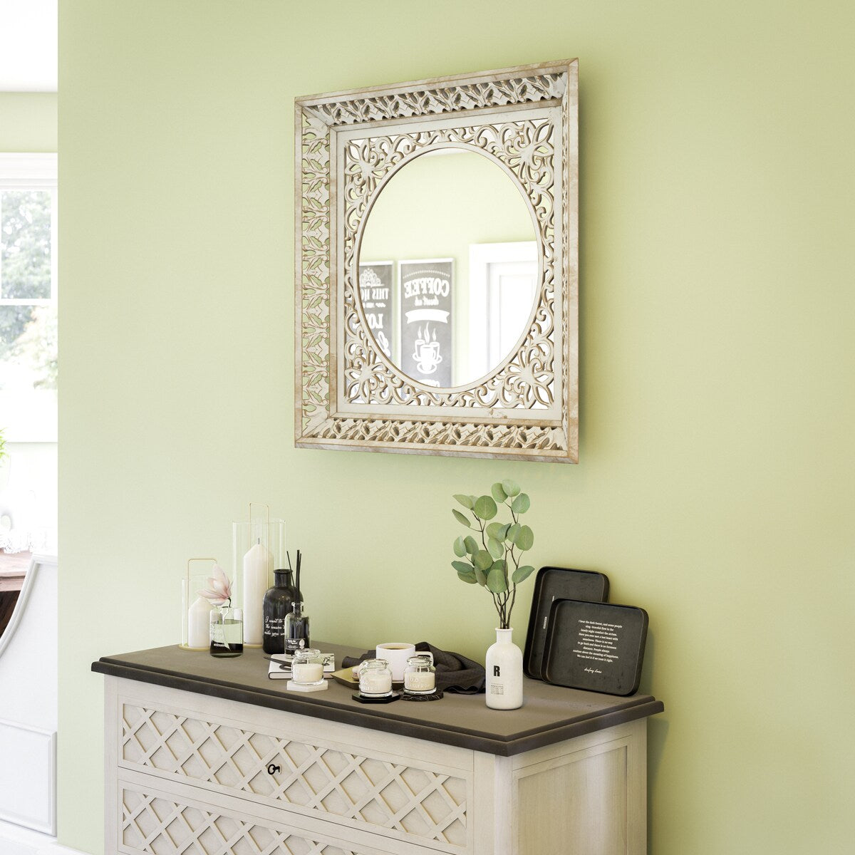 Levit Distressed White Square Mirror - 34" x 34"