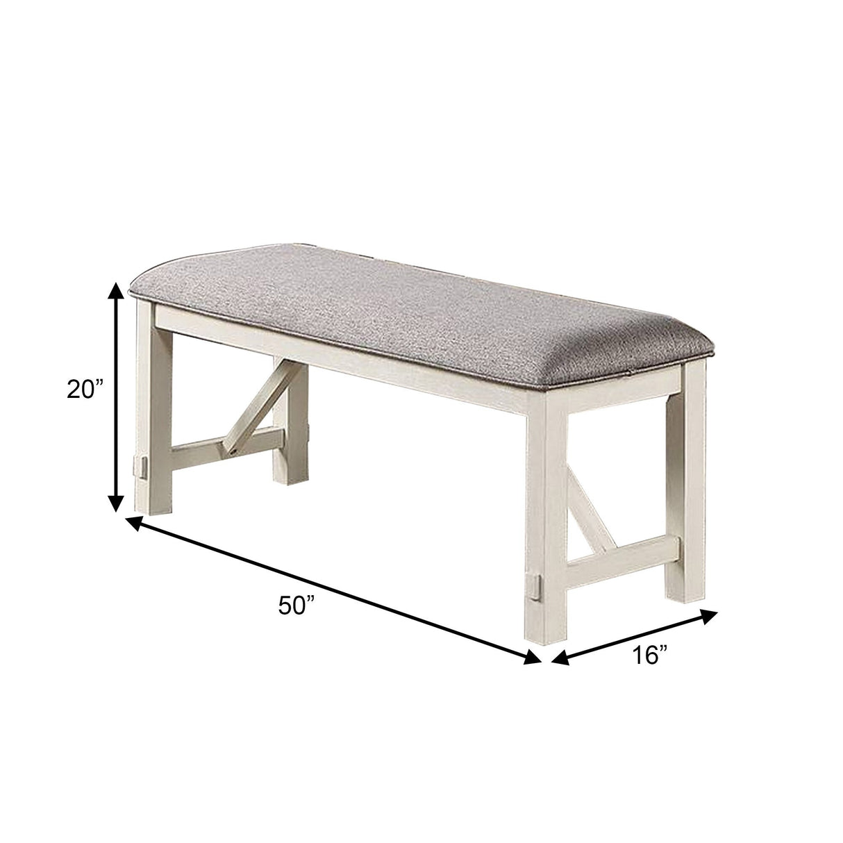 Lexi 50 Inch Dining Bench, Fabric Padded Seat, Rubberwood, Gray and White