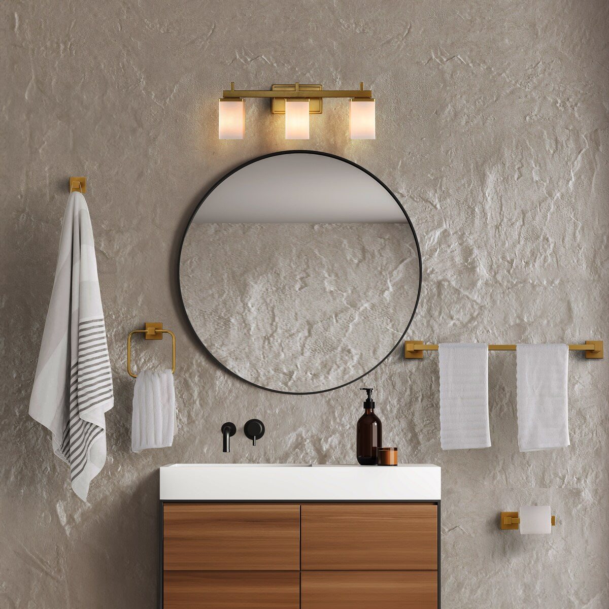Liam 22.38" 3-Light Modern Vanity Light with Frosted Glass Shades and Bathroom Hardware Accessory Set, (5-Piece) by JONATHAN Y