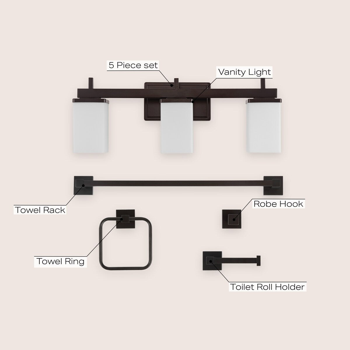 Liam 22.38" 3-Light Modern Vanity Light with Frosted Glass Shades and Bathroom Hardware Accessory Set, (5-Piece) by JONATHAN Y