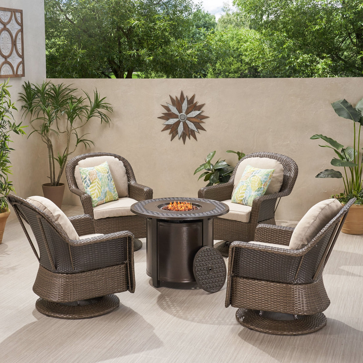Liam Outdoor 4 Seater Wicker Swivel Chair and Fire Pit Set by Christopher Knight Home