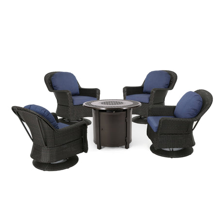 Liam Outdoor 4 Seater Wicker Swivel Chair and Fire Pit Set by Christopher Knight Home