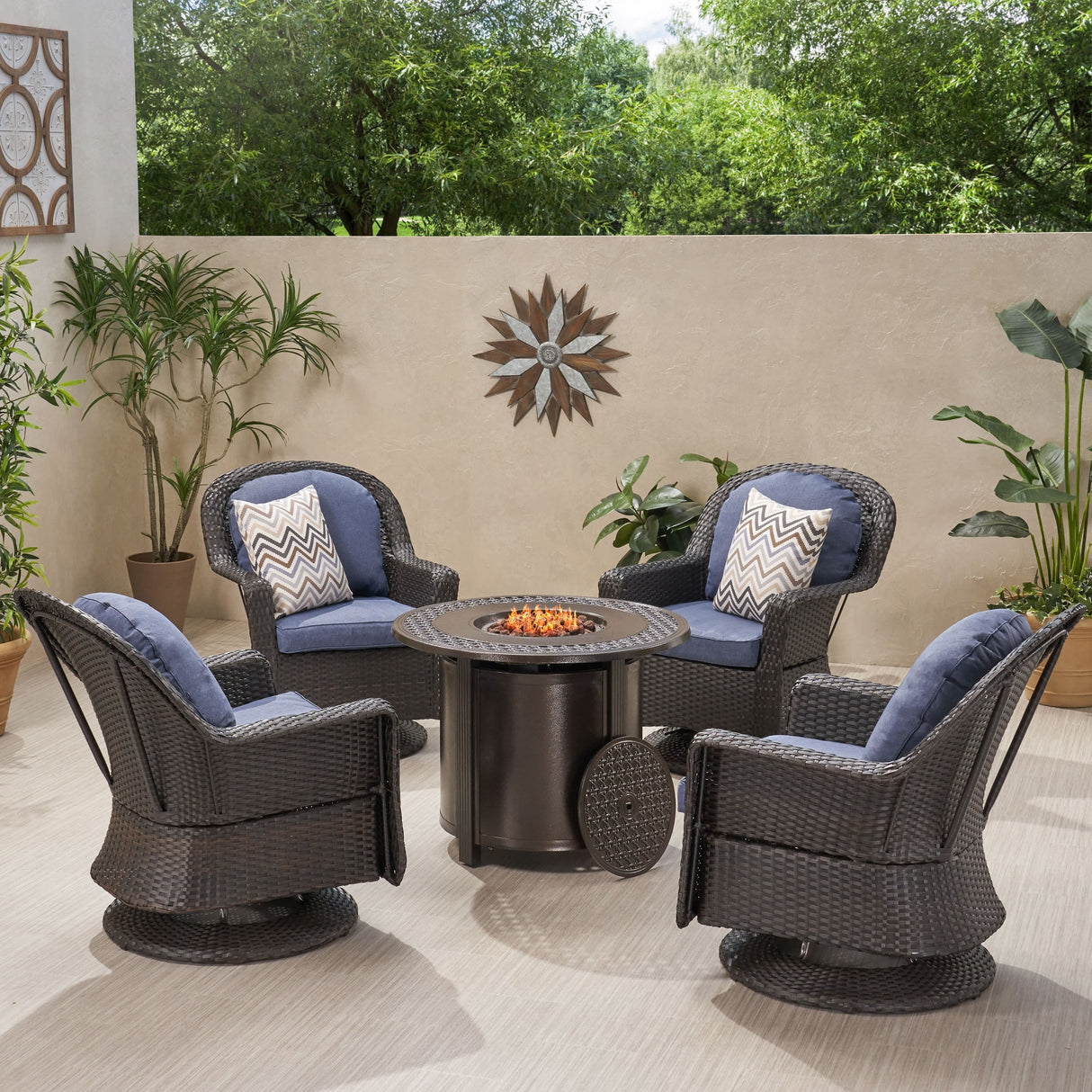 Liam Outdoor 4 Seater Wicker Swivel Chair and Fire Pit Set by Christopher Knight Home