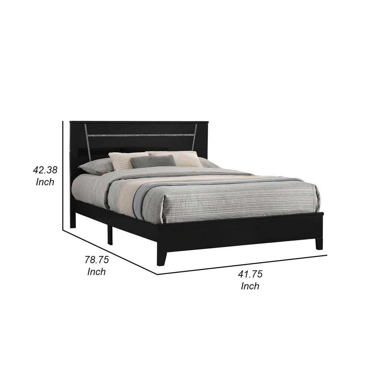 Lif Twin Size Bed, Glitter Filled Panel, High Gloss Solid Wood, Black
