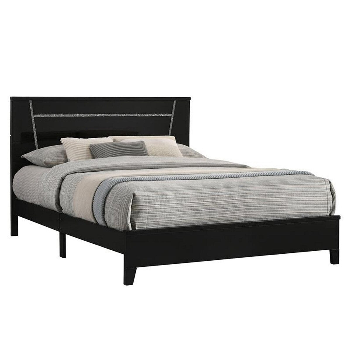 Lif Twin Size Bed, Glitter Filled Panel, High Gloss Solid Wood, Black