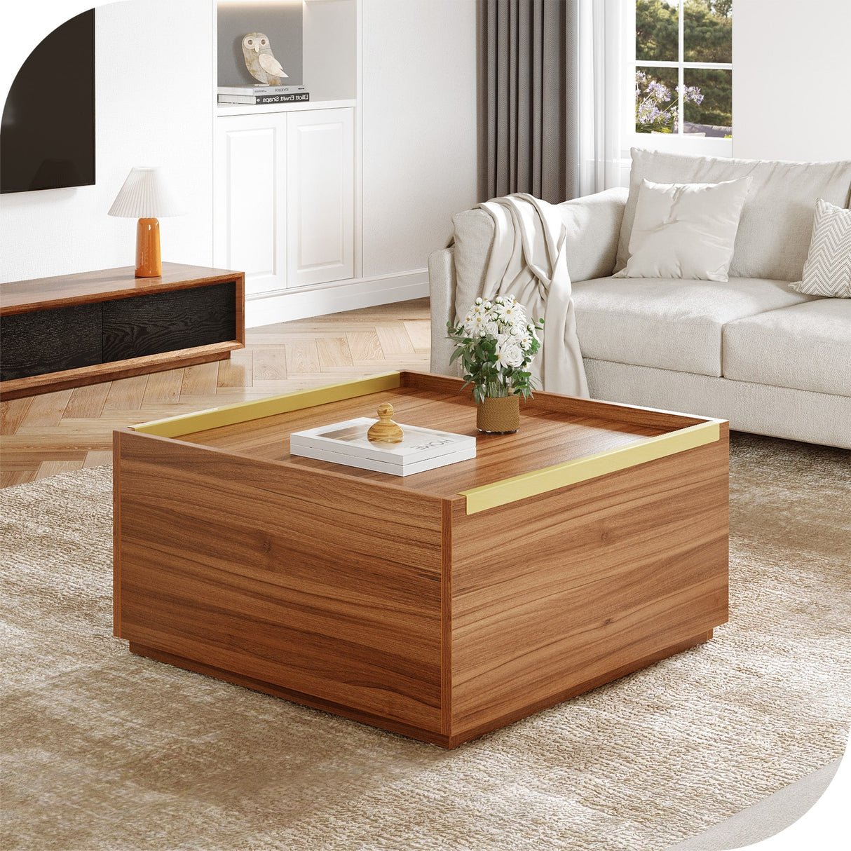 Walnut Square Coffee Table Sofa table with 2 Drawers
