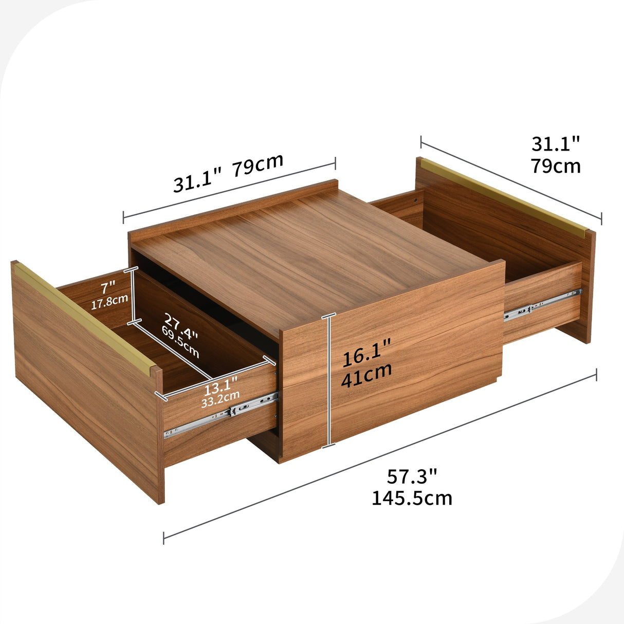 Walnut Square Coffee Table Sofa table with 2 Drawers