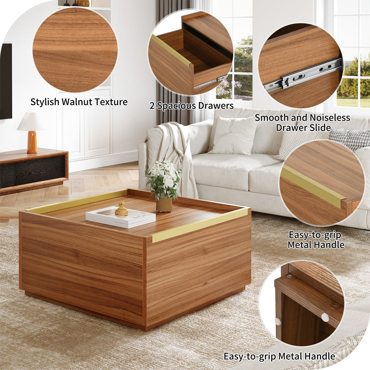 Walnut Square Coffee Table Sofa table with 2 Drawers