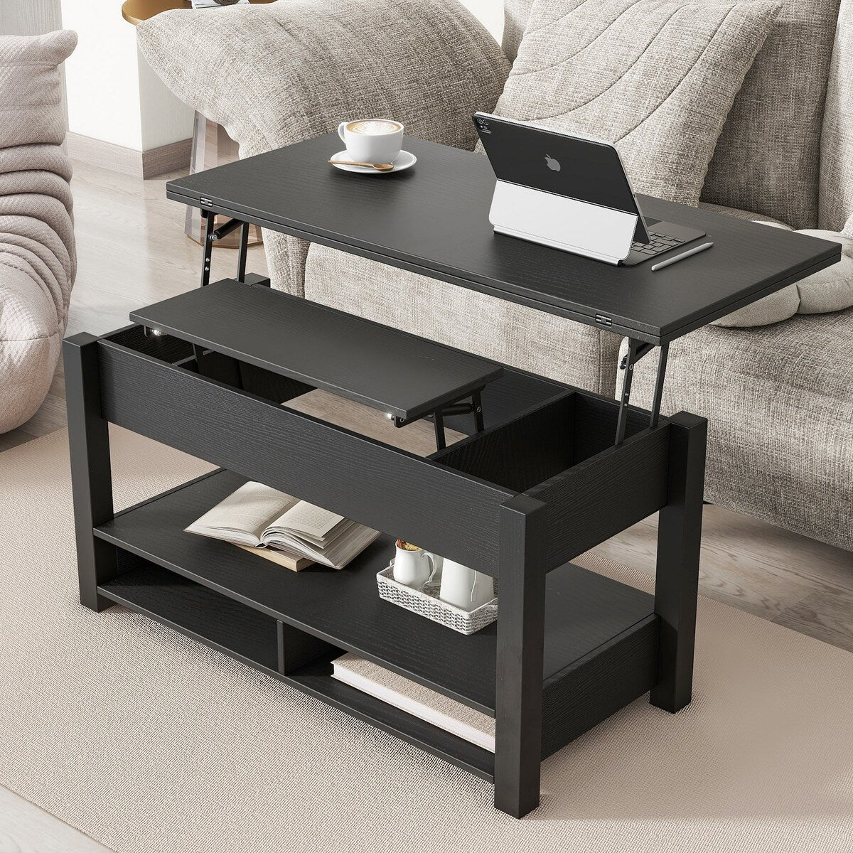 Lift Top Coffee Table Multi-Functional Coffee Table with Open Shelves