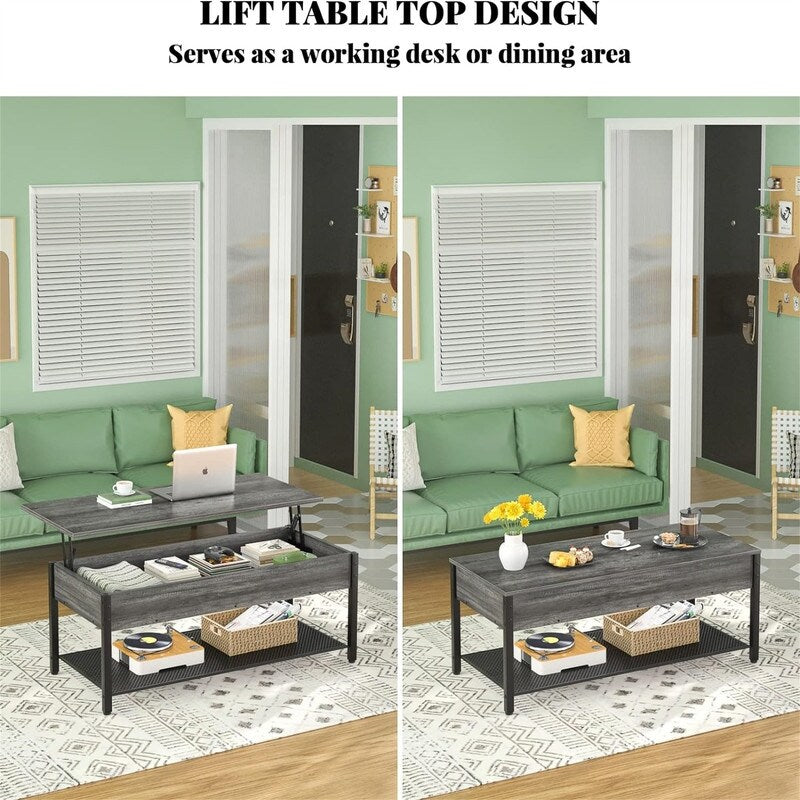 Lift Top Coffee Table with Storage Shelf - 19.7"D x 41.7"W x 18"H