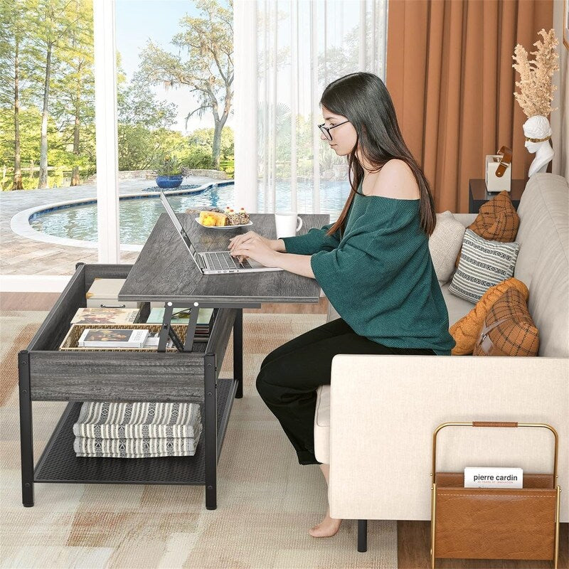 Lift Top Coffee Table with Storage Shelf - 19.7"D x 41.7"W x 18"H